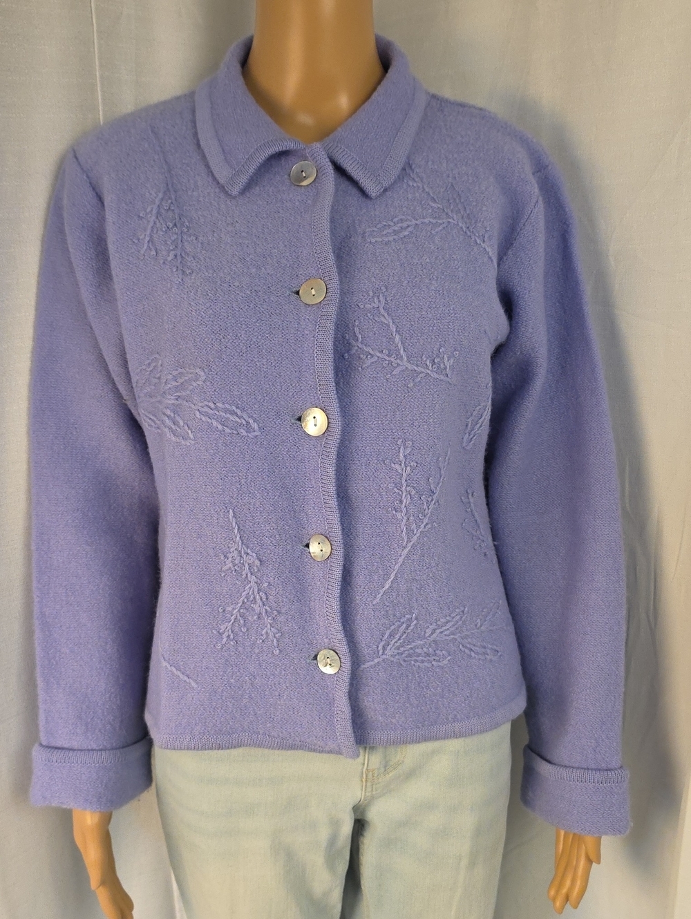 Vintage Tally-Ho 100% Boiled Wool Embroidered Lavender Knit Cardigan Size Small